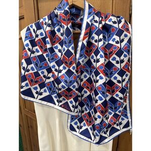 VTG Vera Neumann Scarf Red White Blue Mod Geometric Floral Ladybug 14x44 Poly